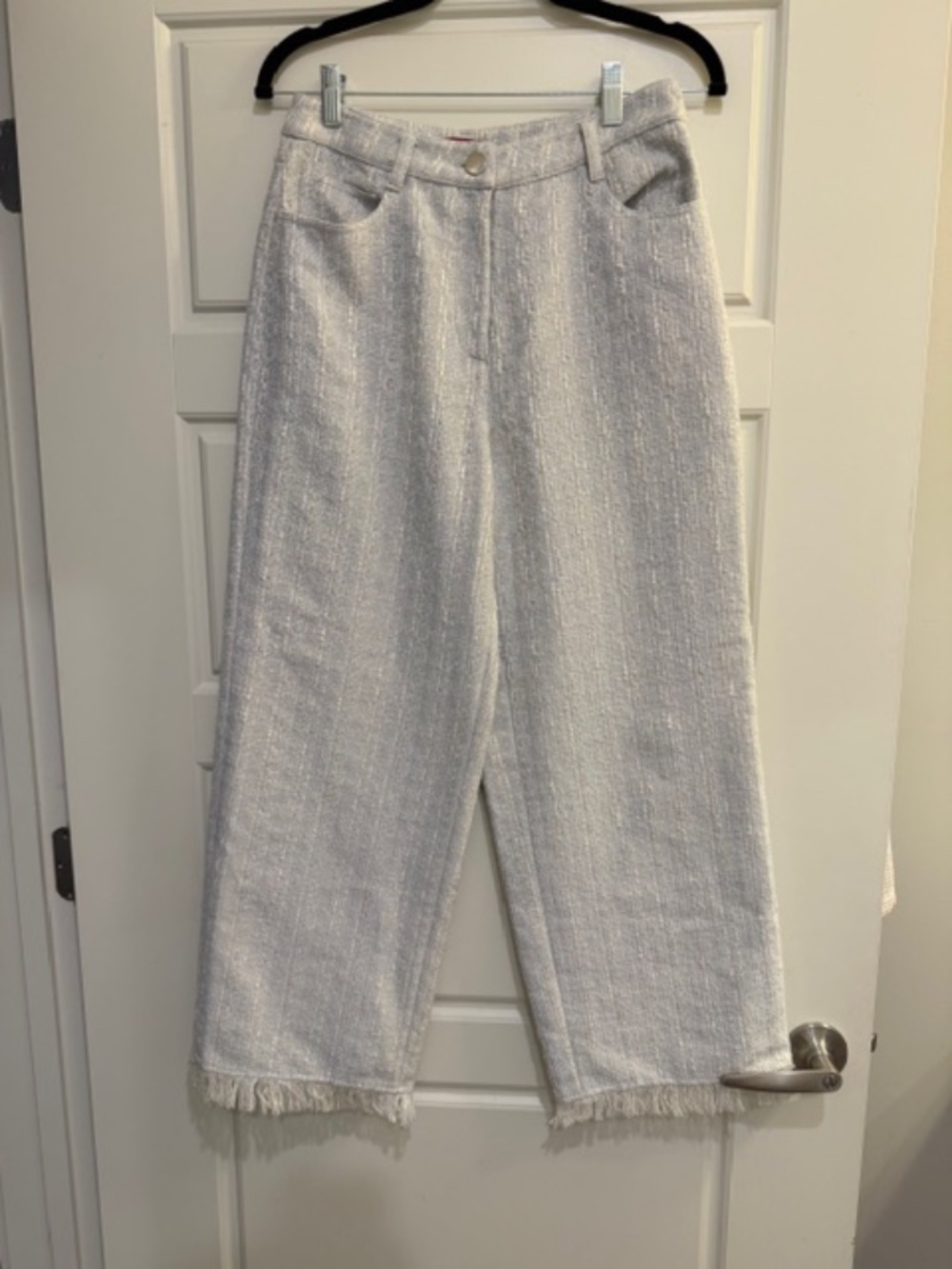 STAUD Ivory Tweed Wide-Leg Fringe Hem Pants